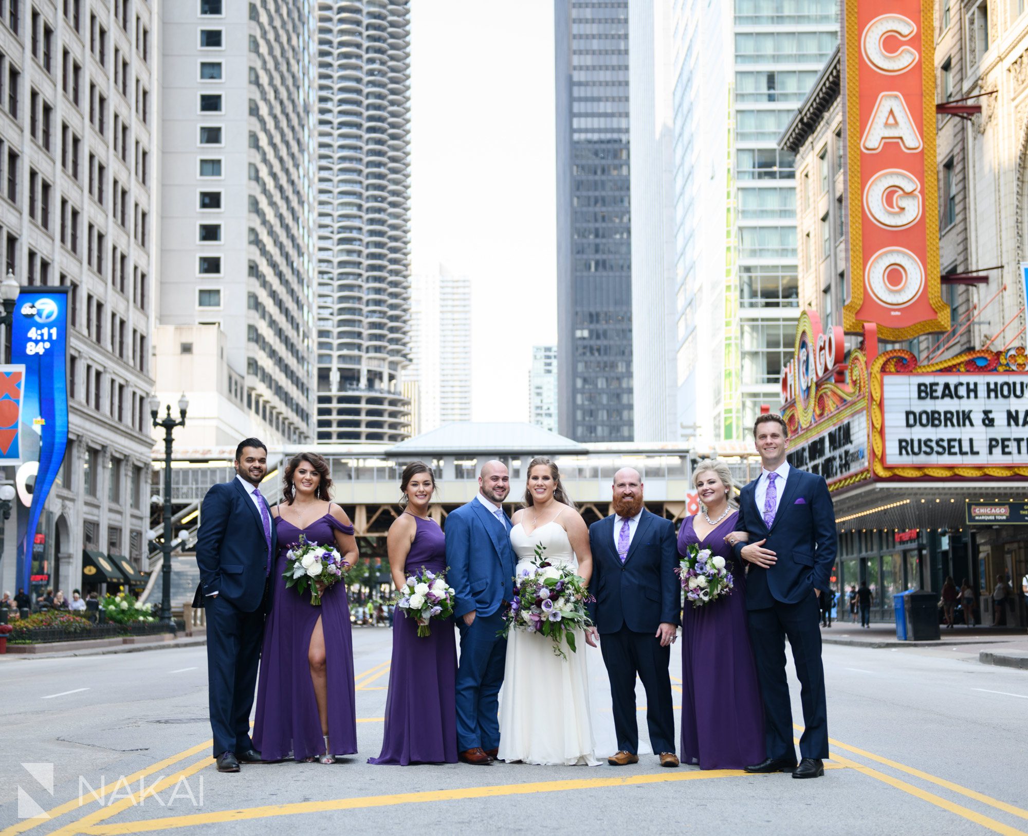 Chicago theatre sign wedding photographer bridal party
