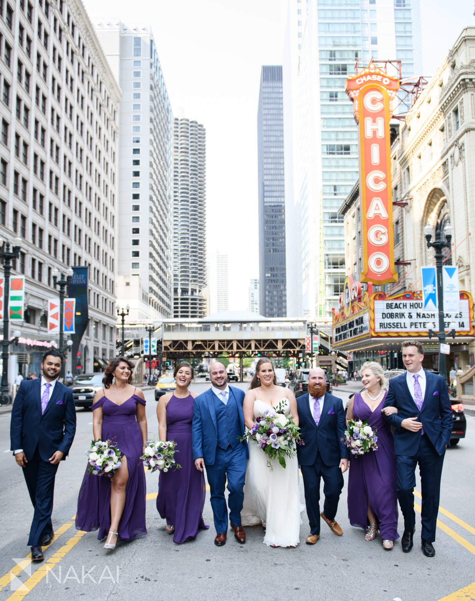 Chicago theatre sign wedding photos bridal party