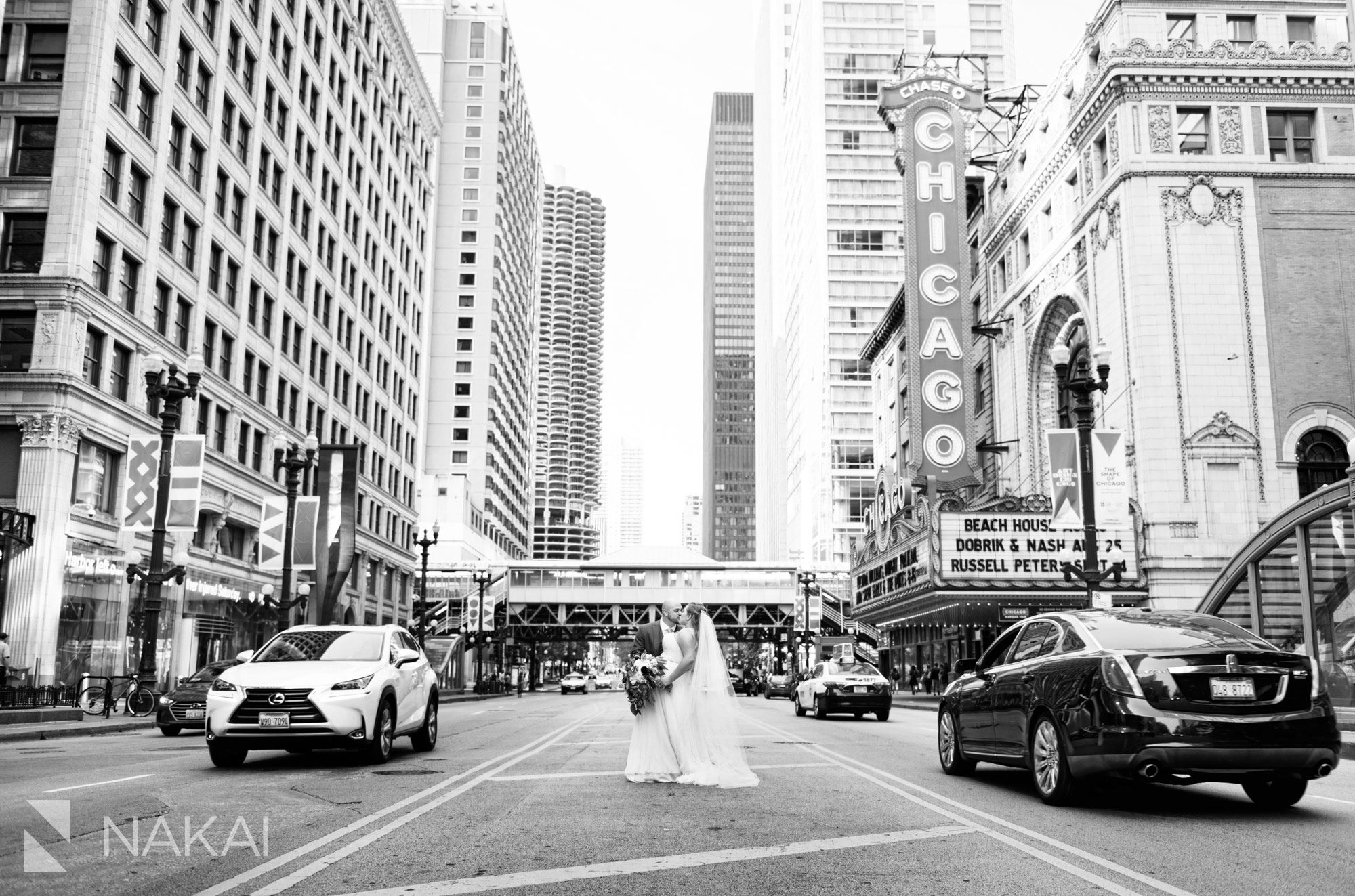 Chicago theatre sign wedding photos bride groom