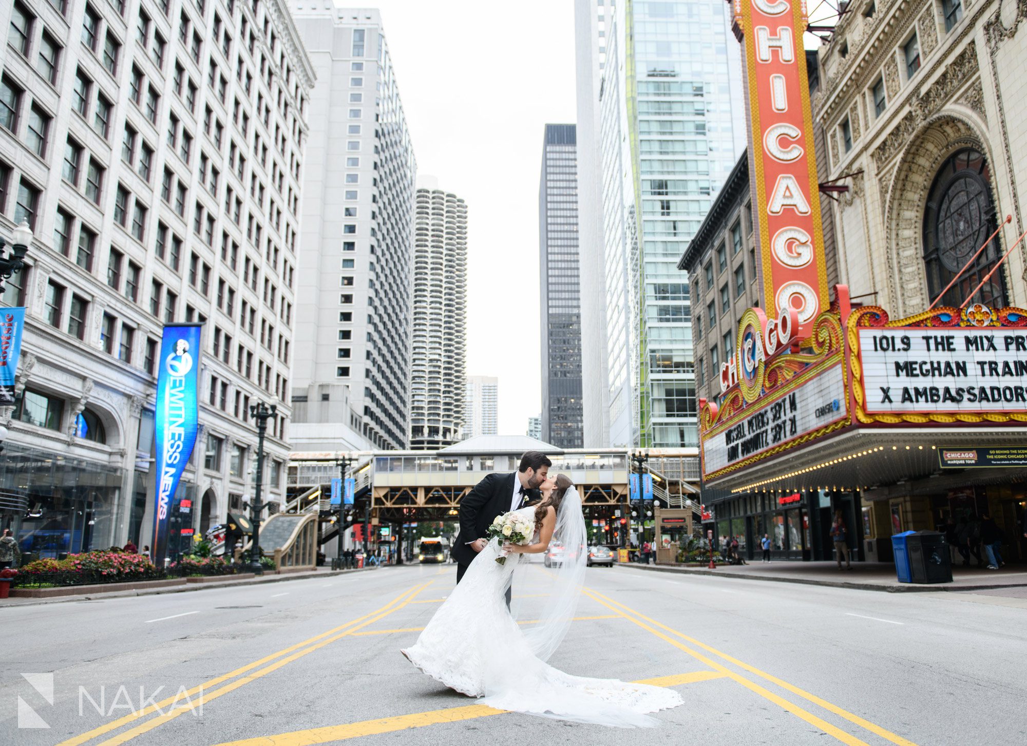 Chicago luxury wedding photography Chicago theatre sign marquee