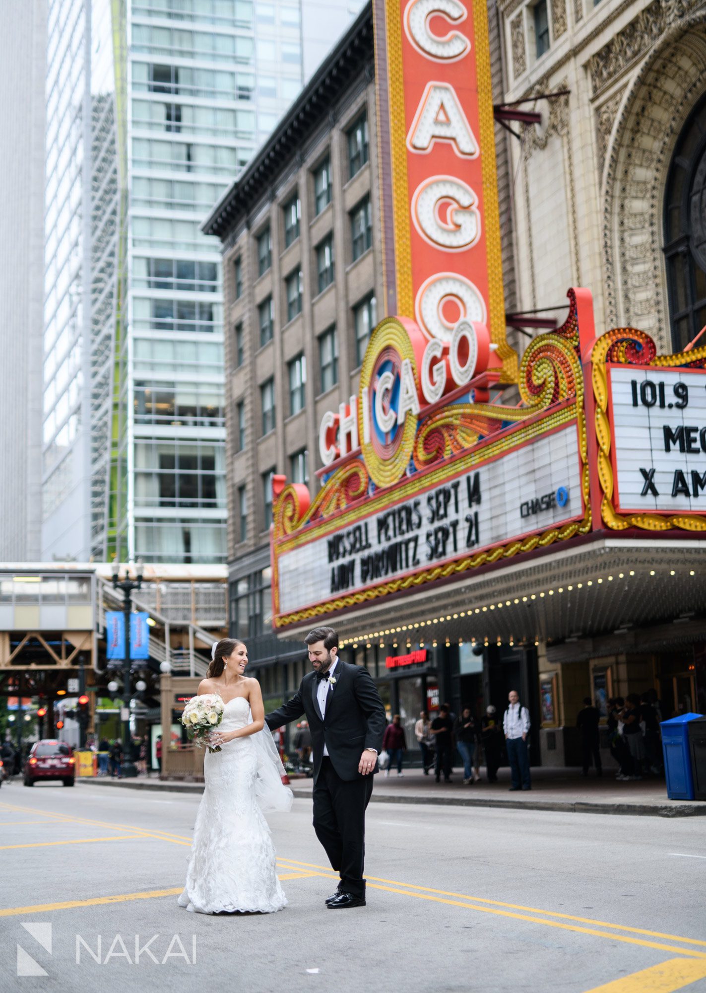 Chicago luxury wedding photography Chicago theatre sign marquee
