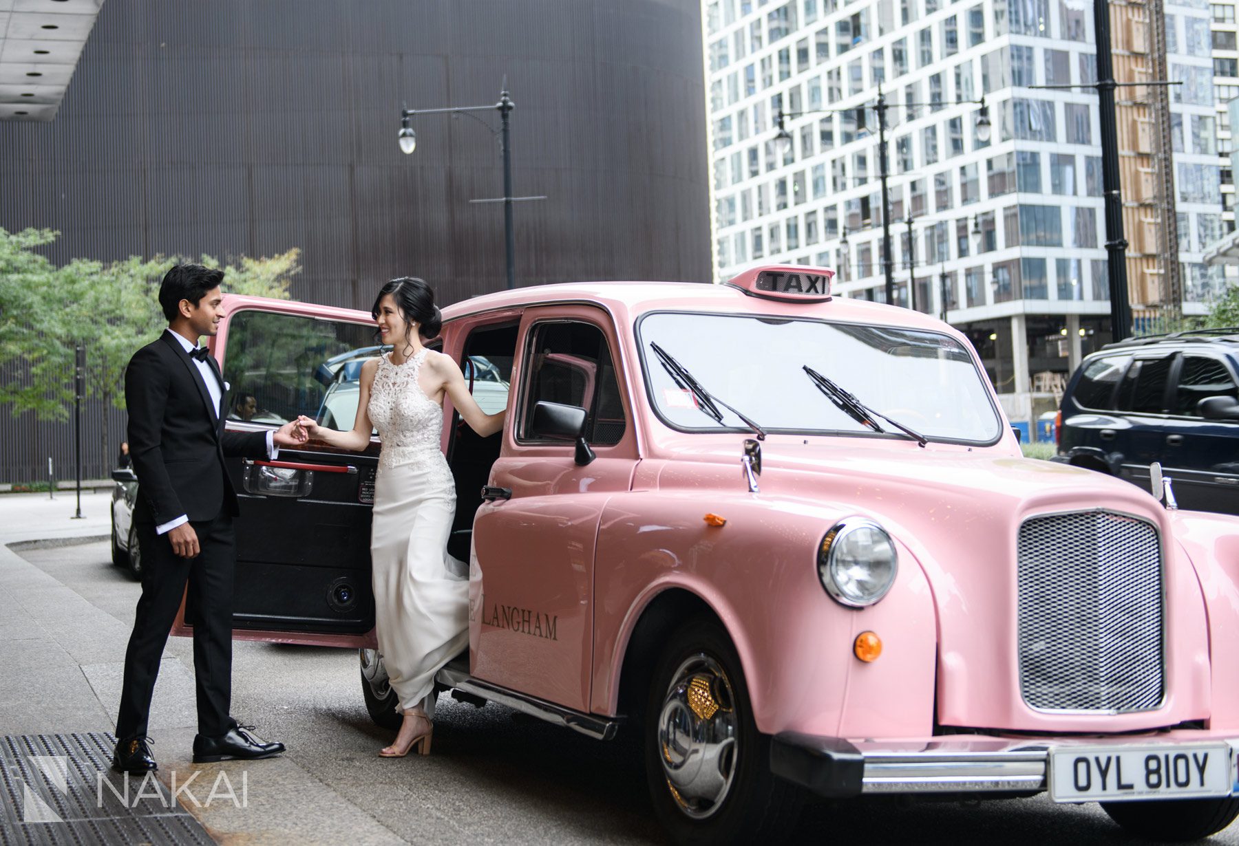 chicago Langham wedding photography pink taxi bride groom