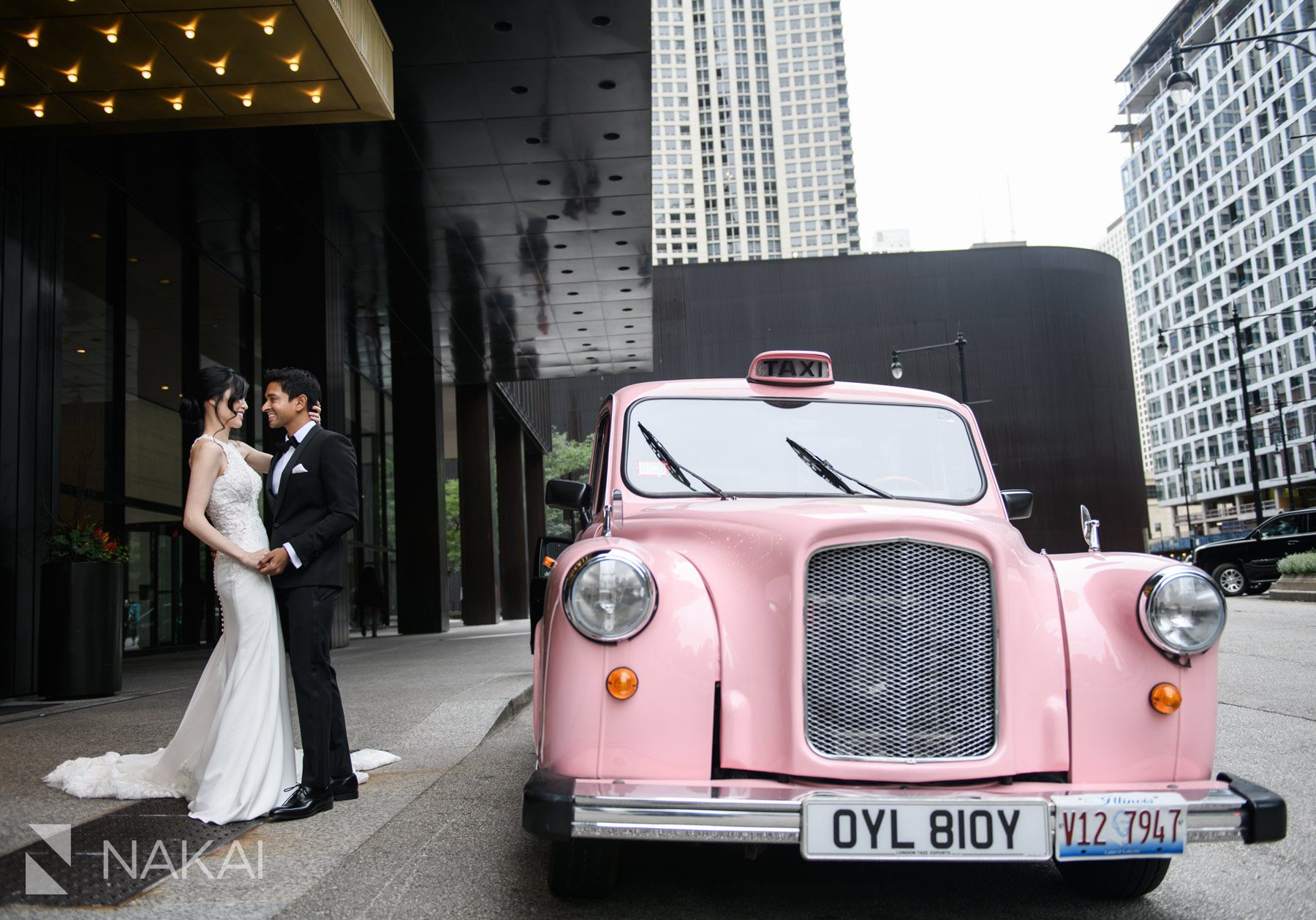 chicago luxury Langham wedding photography pink taxi bride groom