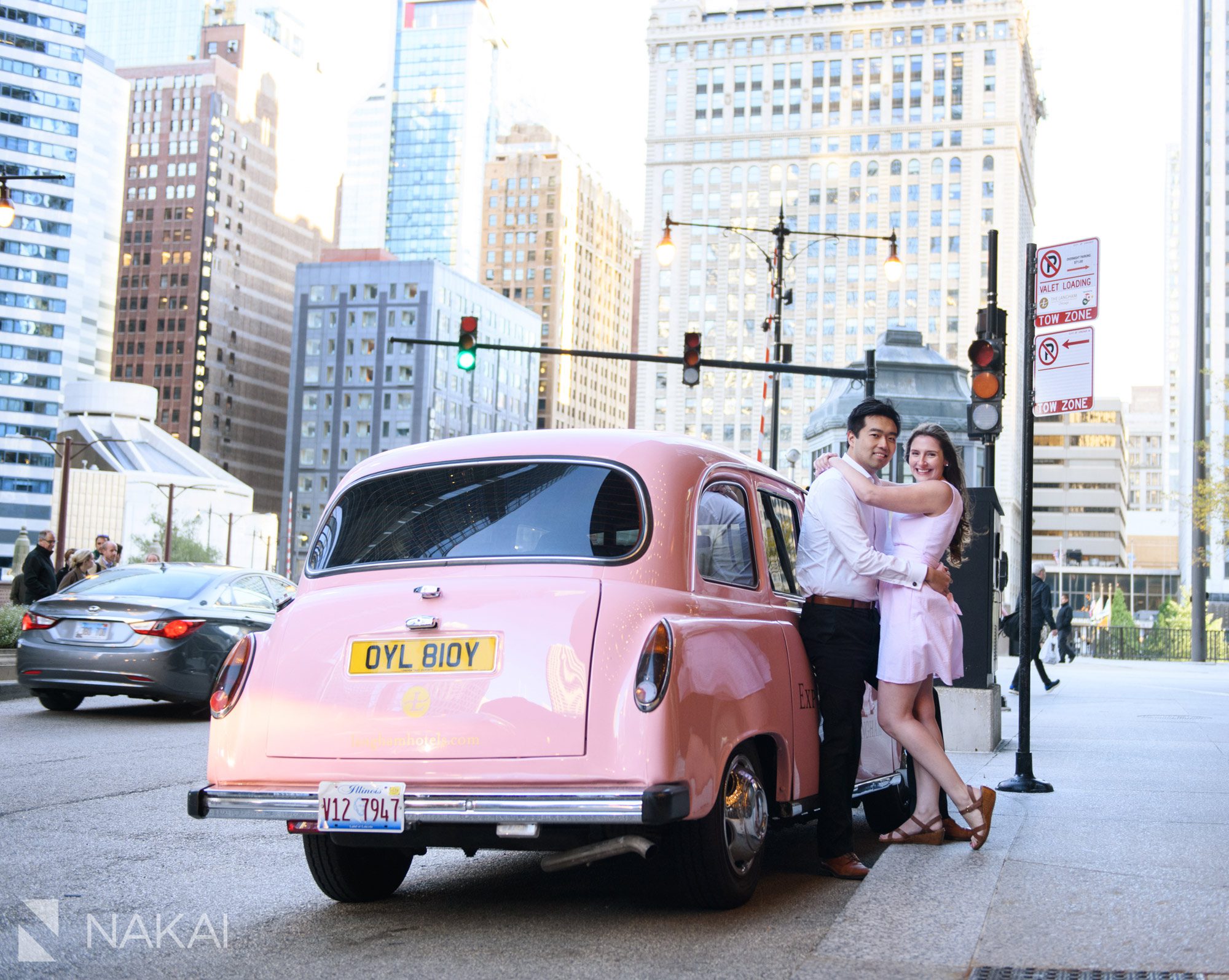Chicago pink taxi Langham photo engagement session