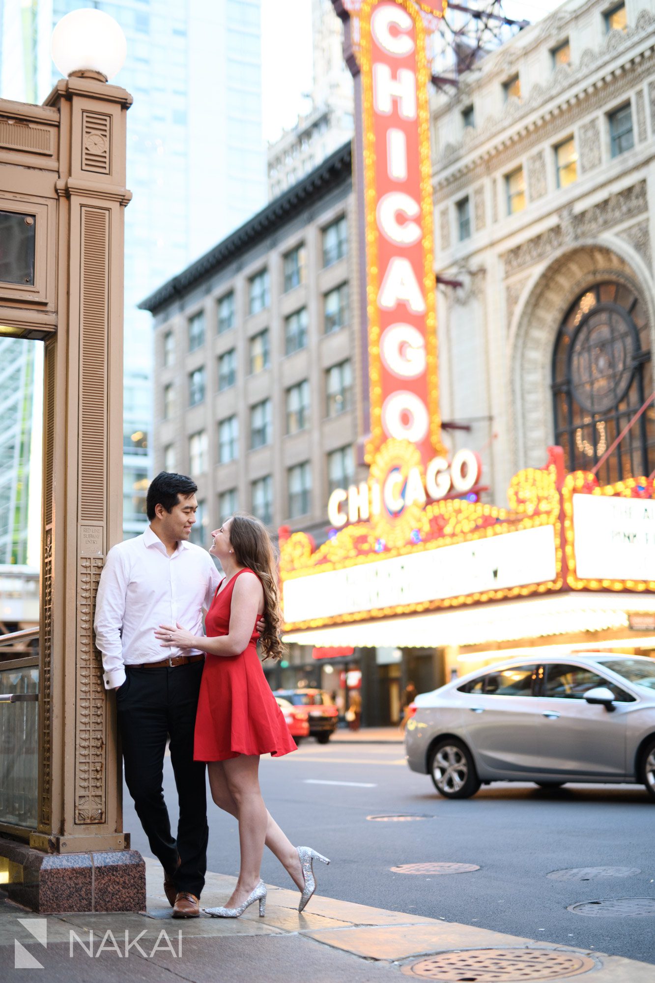 Chicago theater marquee engagement session photo