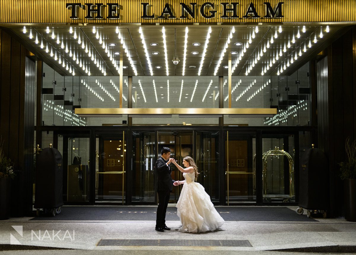 langham Chicago best wedding photos marquee sign at night 