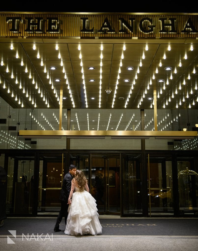 langham Chicago marquee sign at night wedding photos best bride groom kiss