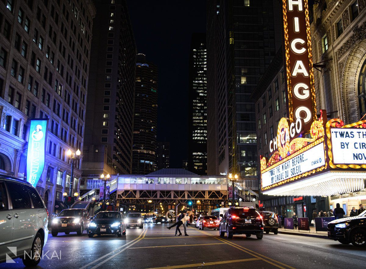 chicago proposal photographer engagement night state street