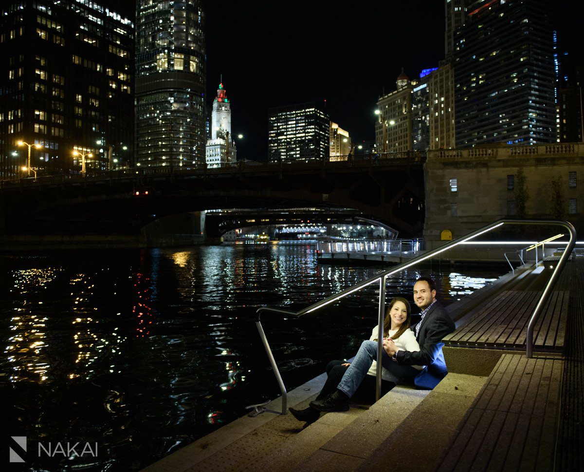 chicago proposal photographer engagement riverwalk night
