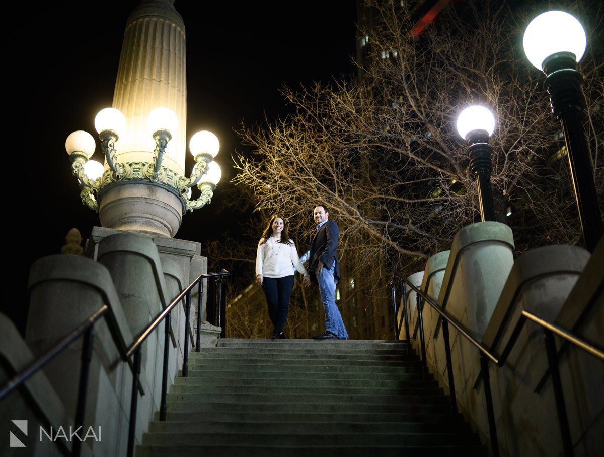 chicago proposal picture engagement riverwalk night