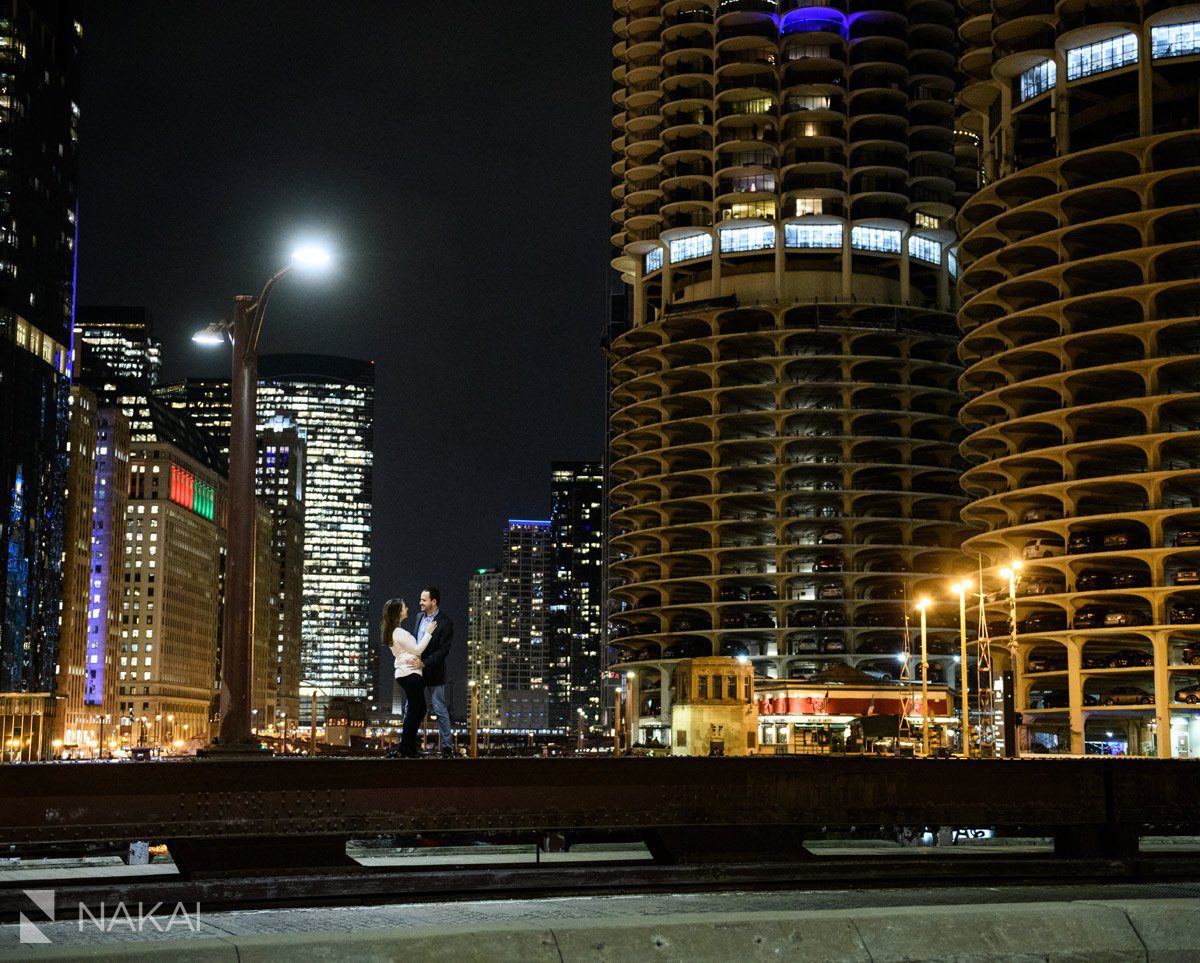 chicago proposal picture engagement riverwalk night