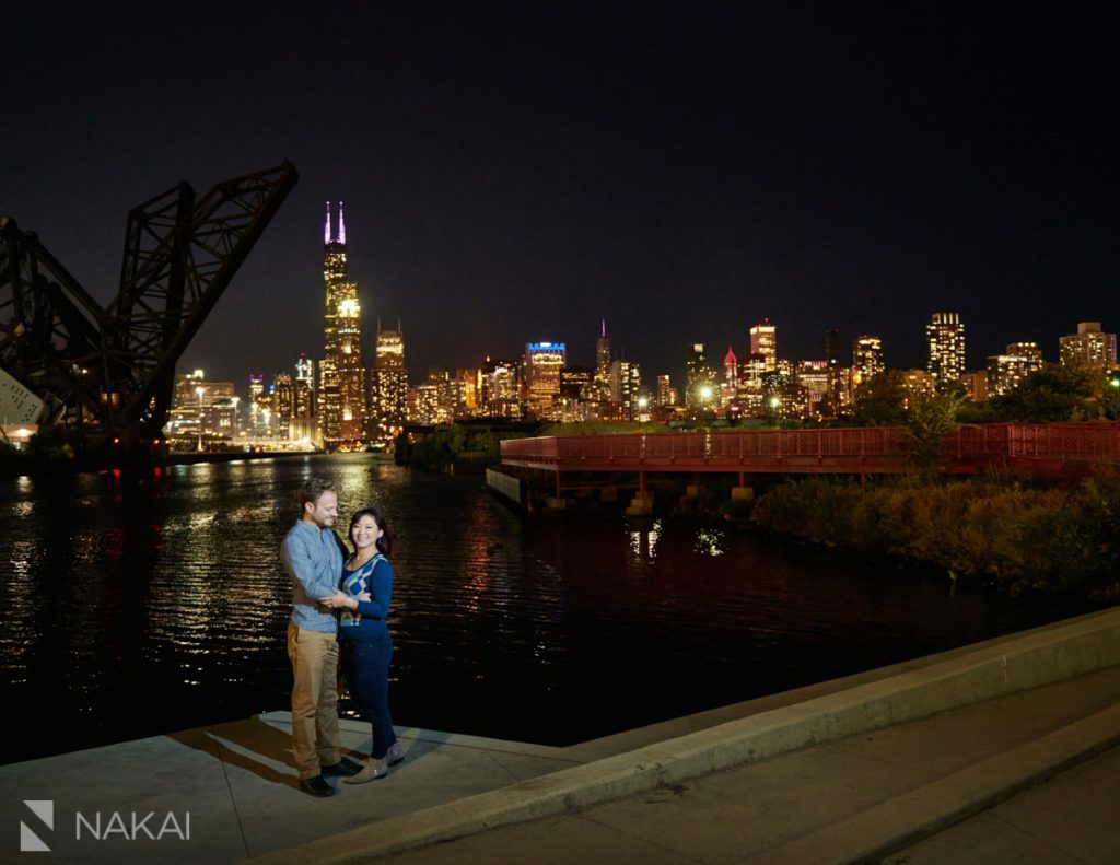chicago nighttime engagement photos skyline