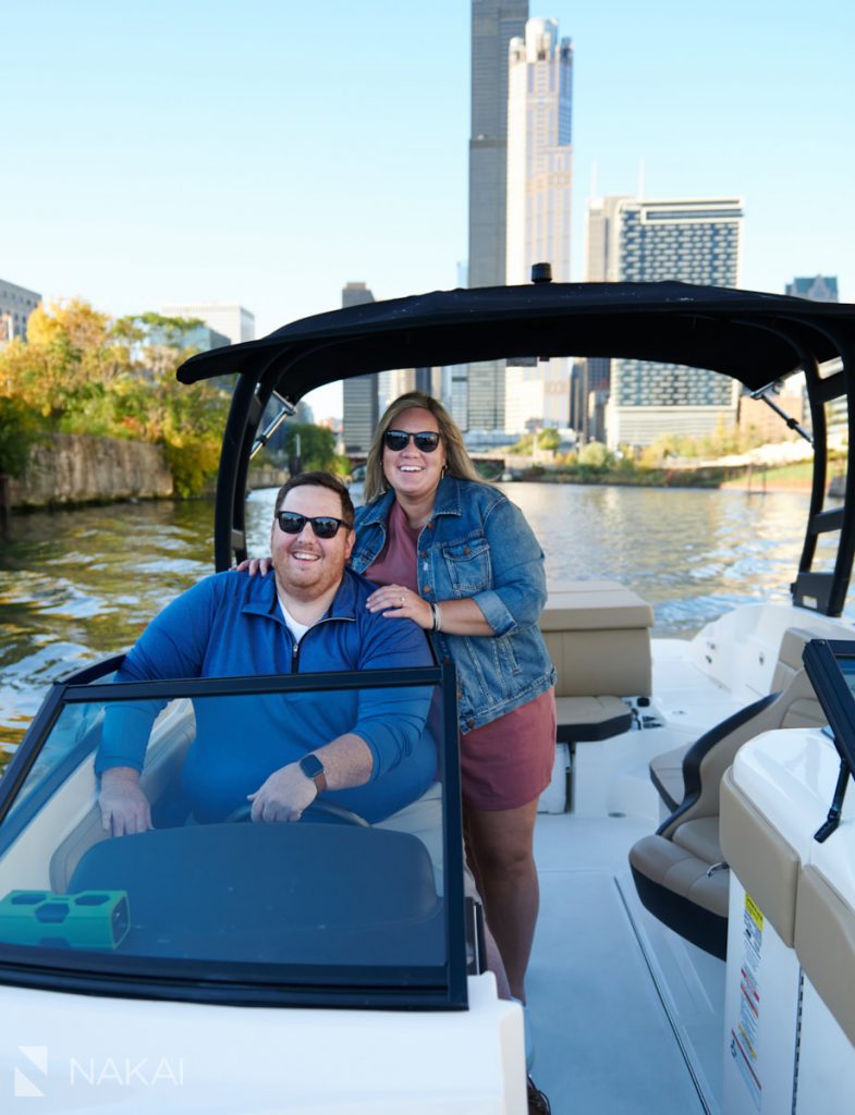 chicago engagement photos on a boat river boating