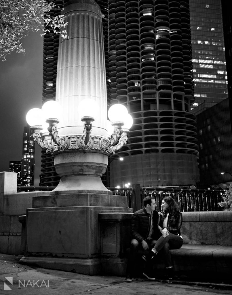 best chicago proposal photographer riverwalk at night