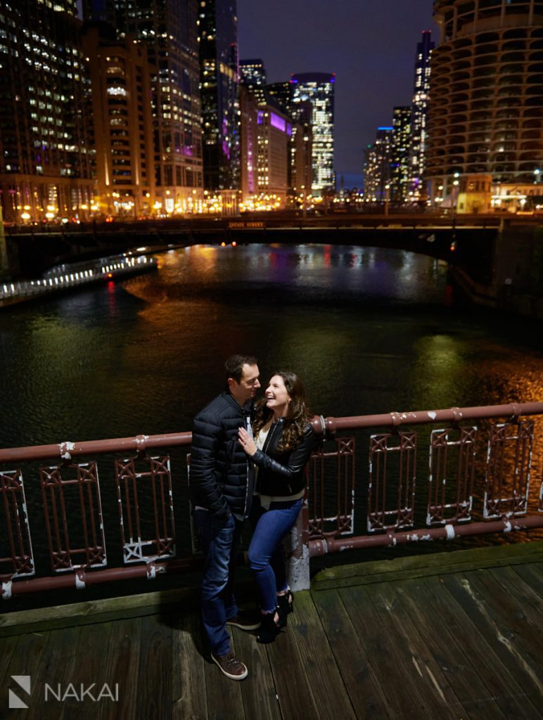 best chicago proposal photographer riverwalk at night