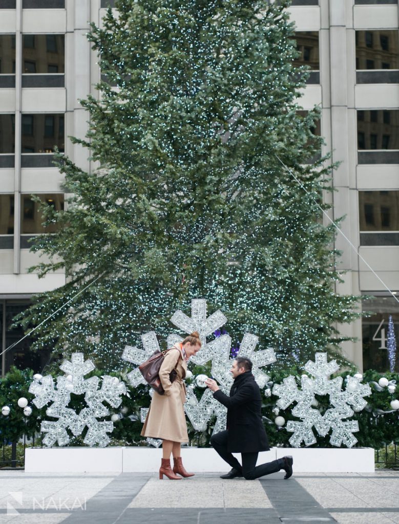 chicago proposal photographers winter Christmas tree