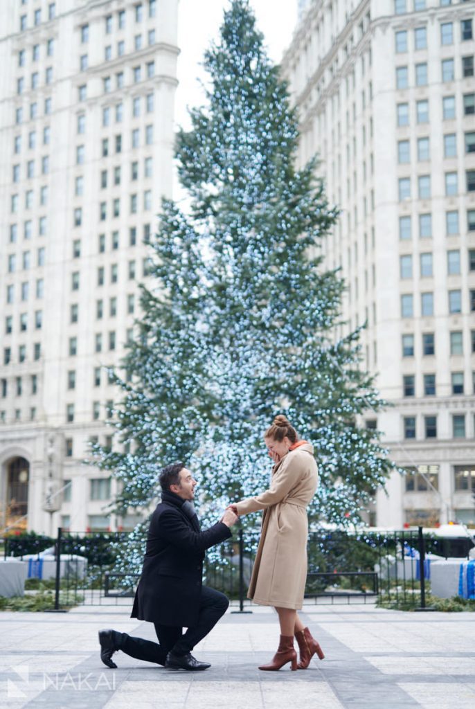 chicago proposal photography winter Christmas tree
