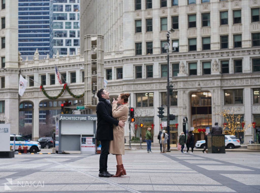 chicago proposal photographers winter Wrigley Building