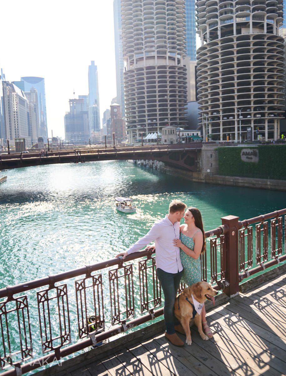 chicago engagement photographer dog riverwalk