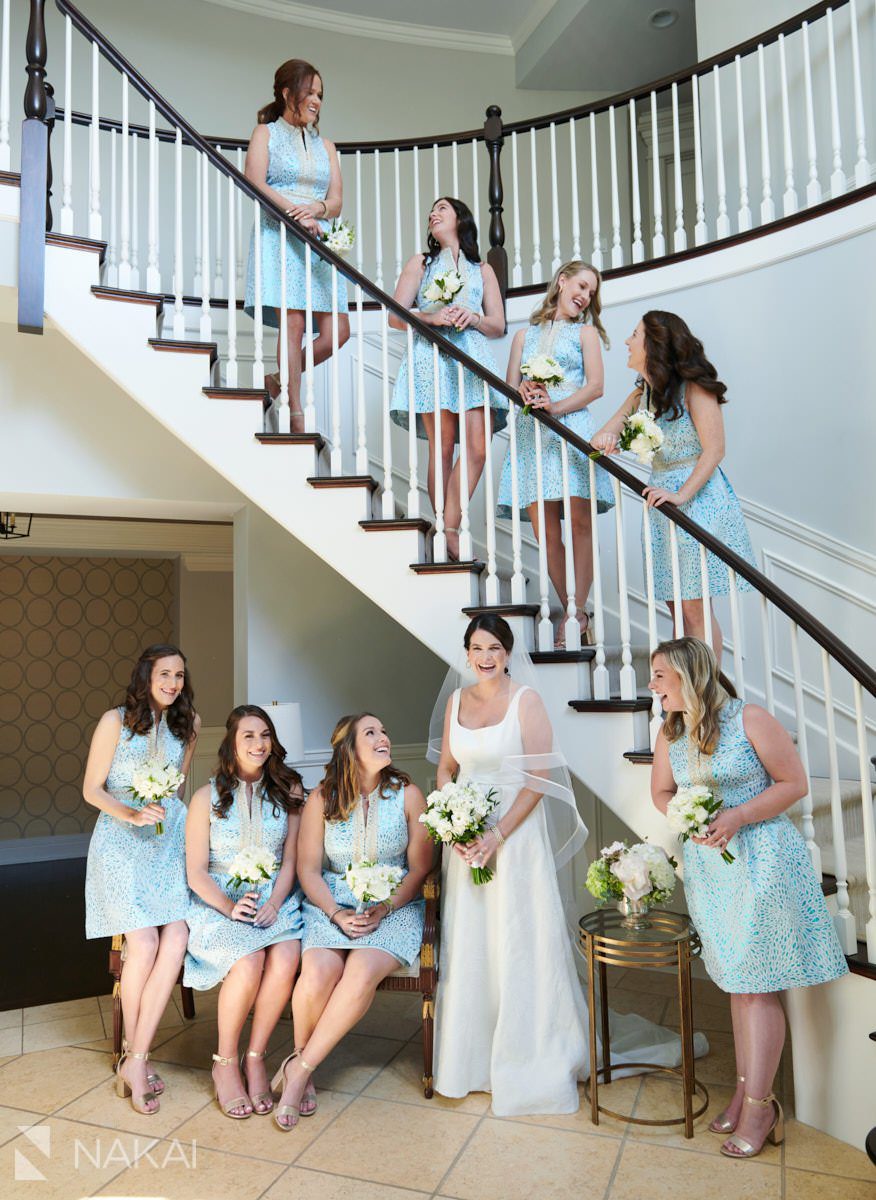 chicago north shore wedding photographer bridesmaids staircase