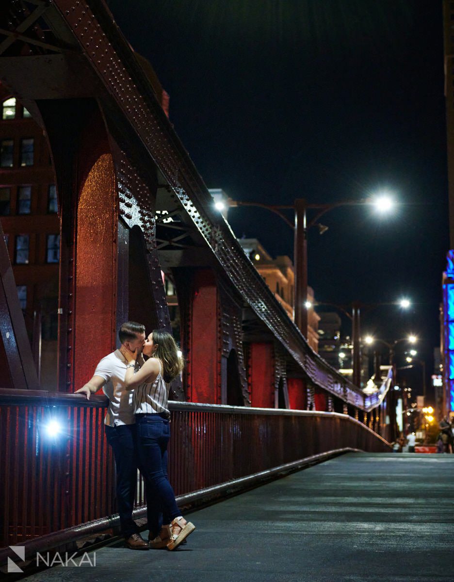 chicago riverwalk engagement photos at night Lasalle bridge