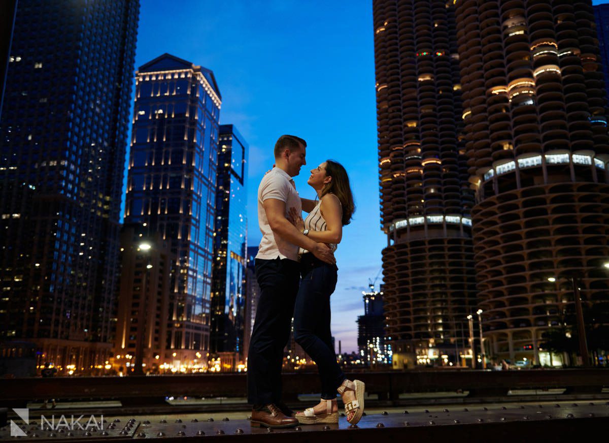 chicago riverwalk engagement photos at night marina towers