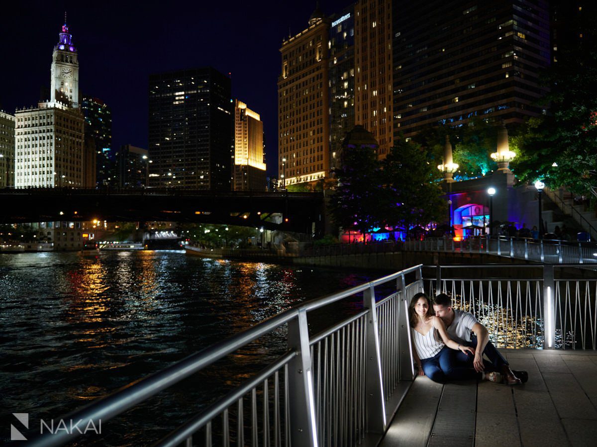 chicago riverwalk engagement photos at night love