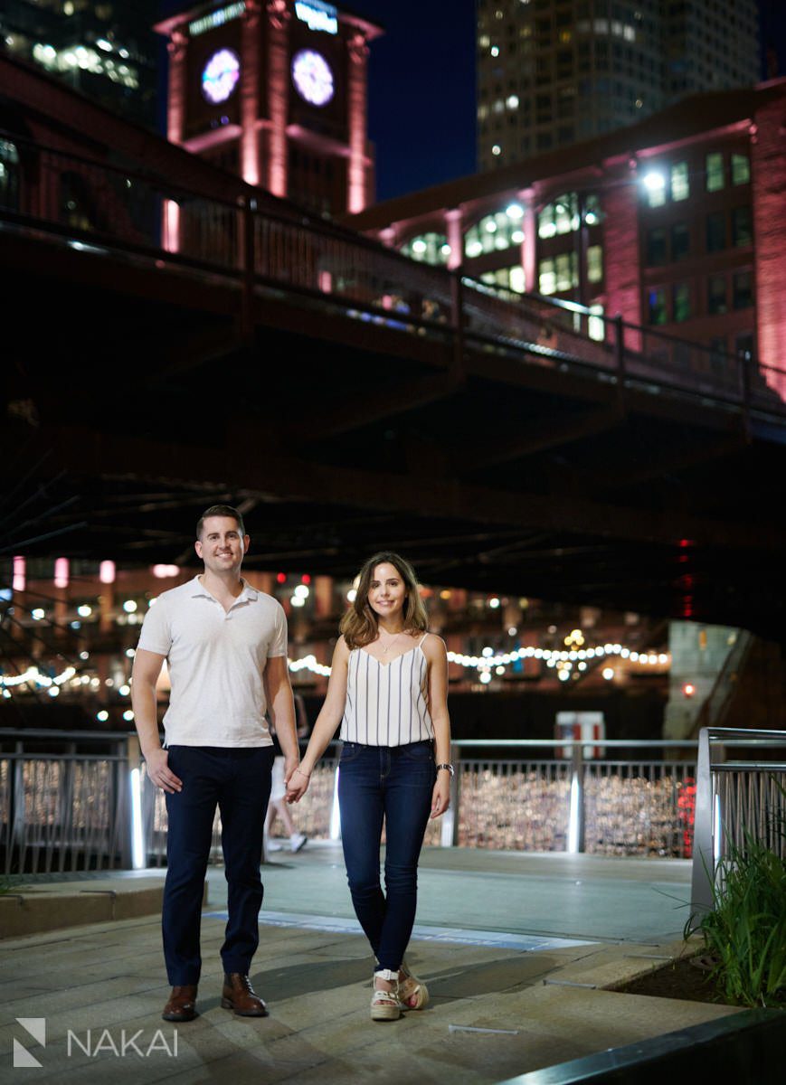 chicago riverwalk engagement photos at night 