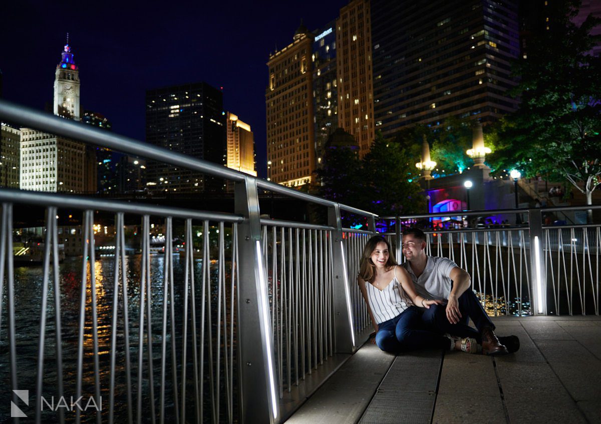 chicago riverwalk engagement photos at night 