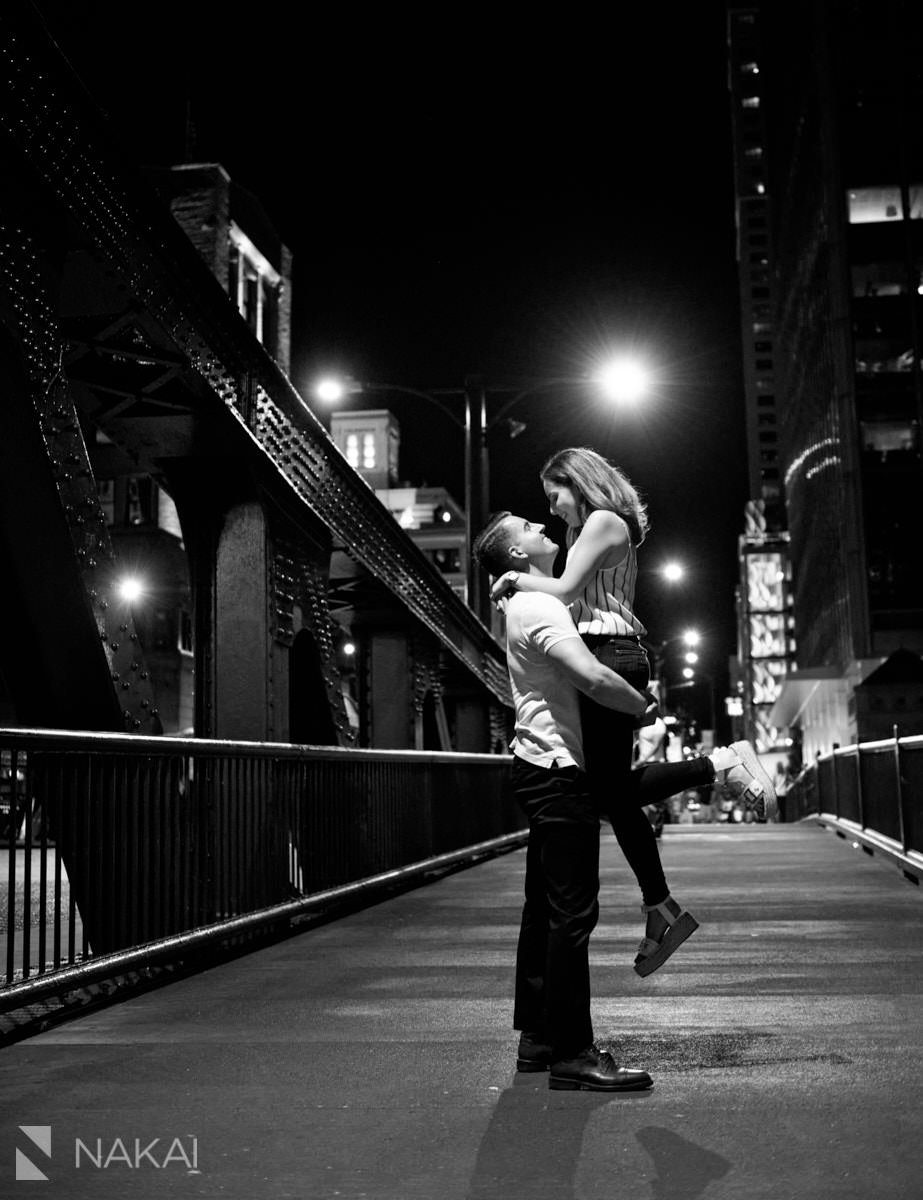 chicago riverwalk engagement photos at night Lasalle bridge