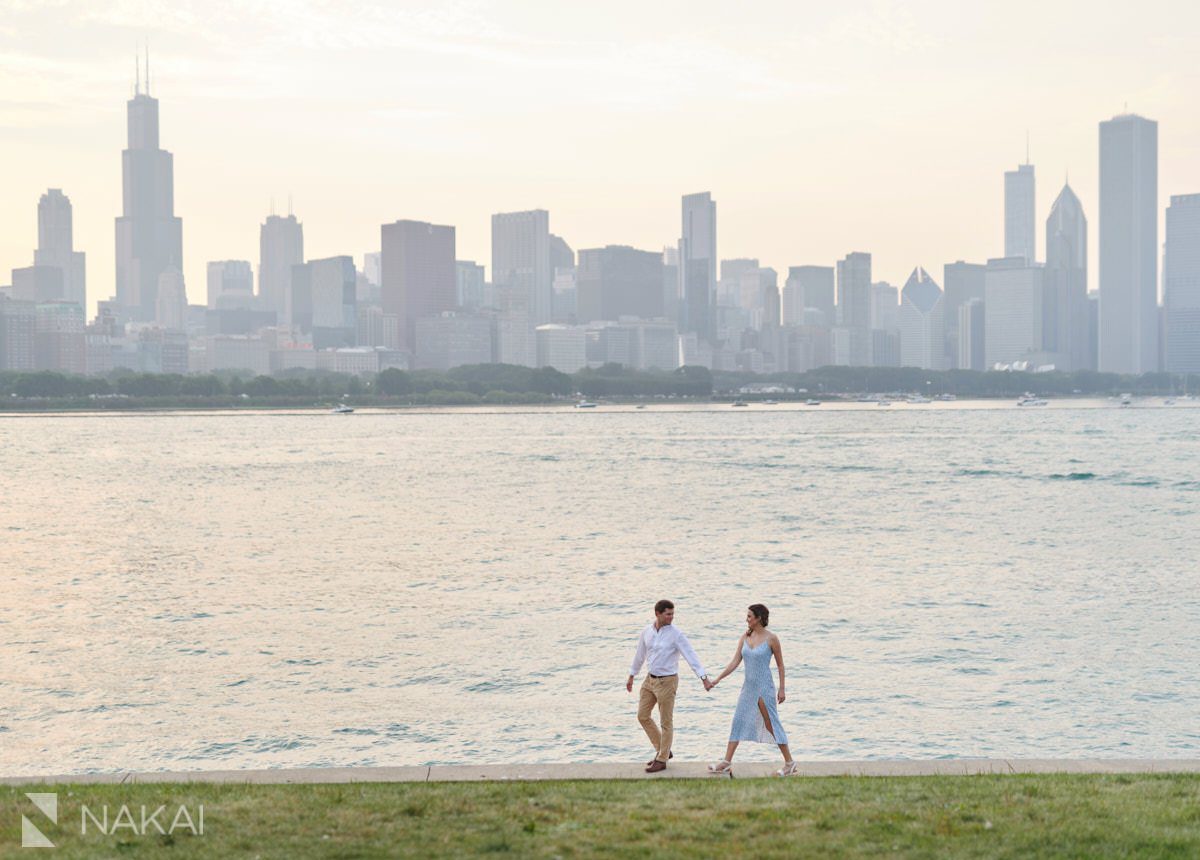 adler planetarium engagement photos chicago skyline