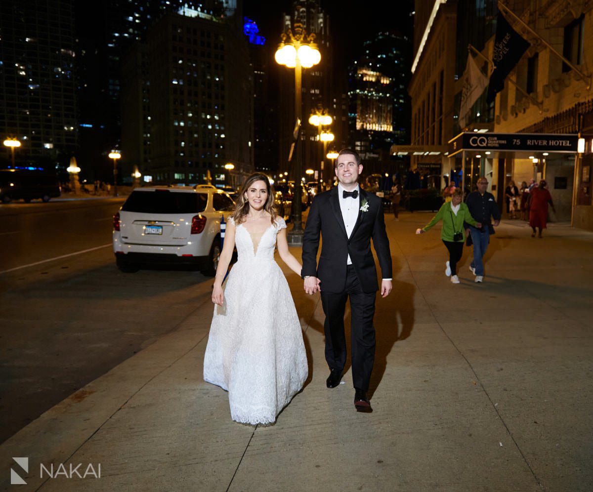 chicago wedding photos at night riverwalk