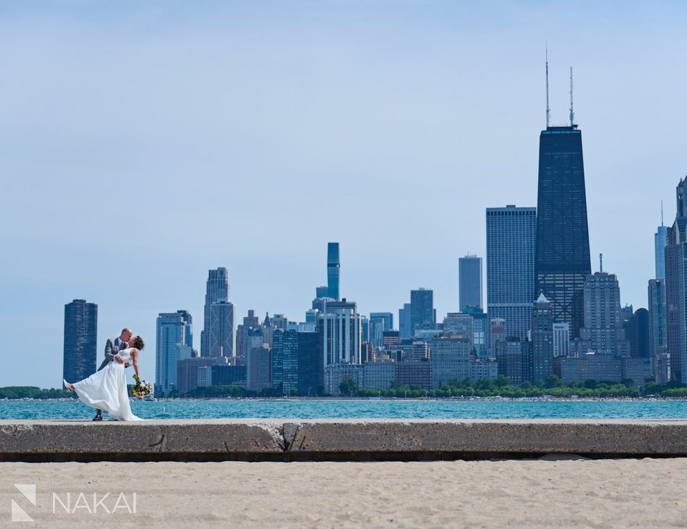 Chicago North Avenue Beach wedding photos skyline