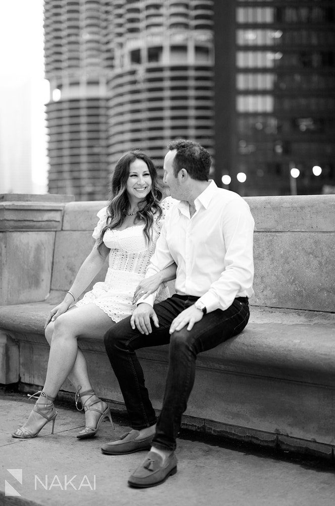 engagement photos in chicago Wrigley building black white