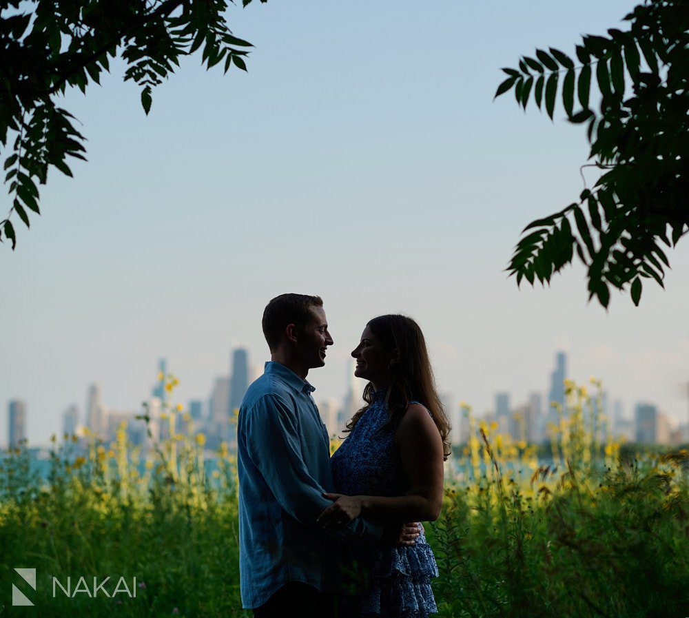 chicago Montrose beach engagement photos skyline