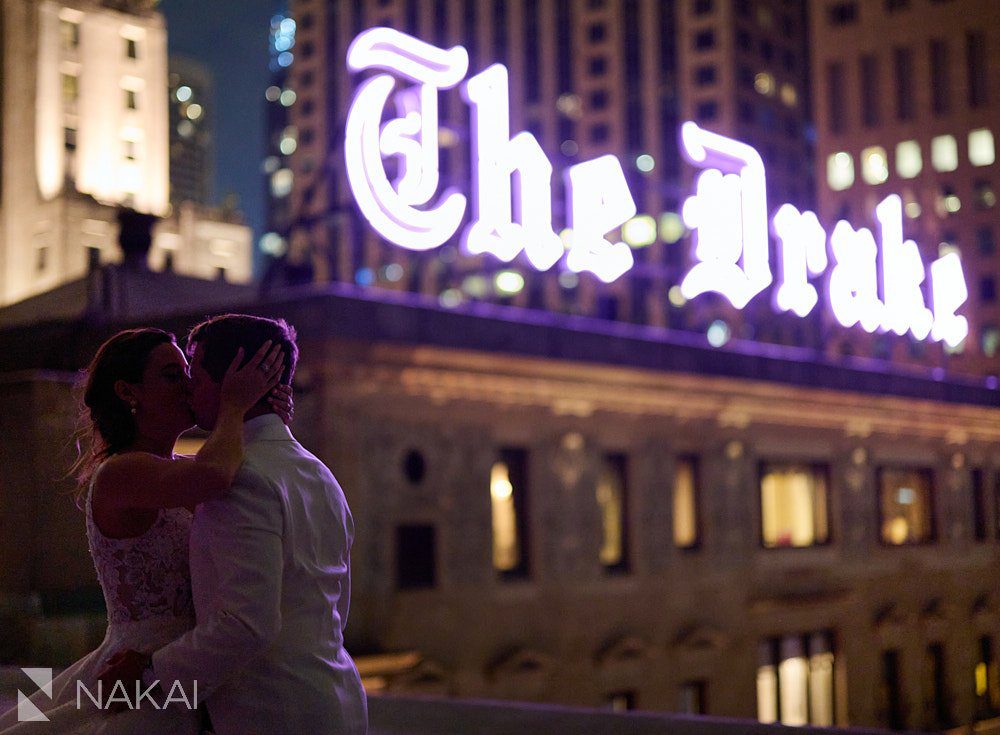 chicago drake wedding photos rooftop night time