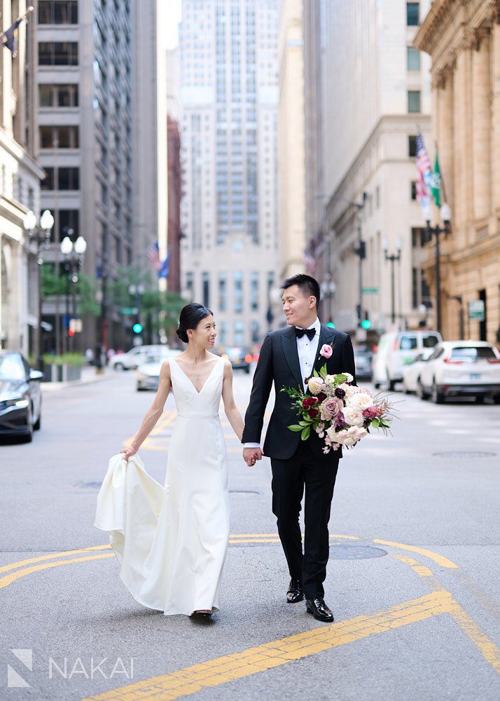 Chicago board of trade wedding photos Lasalle street bride groom