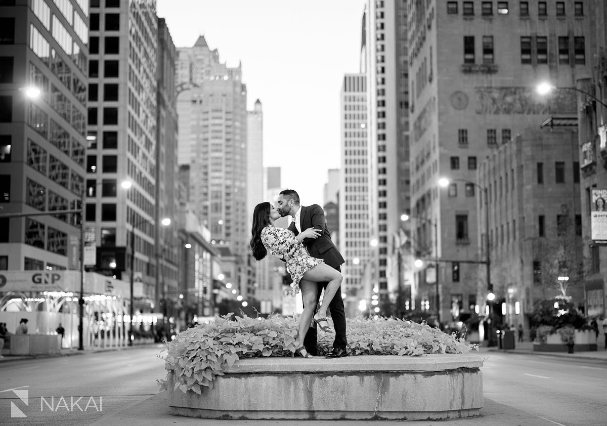 black and white chicago riverwalk proposal photos at night