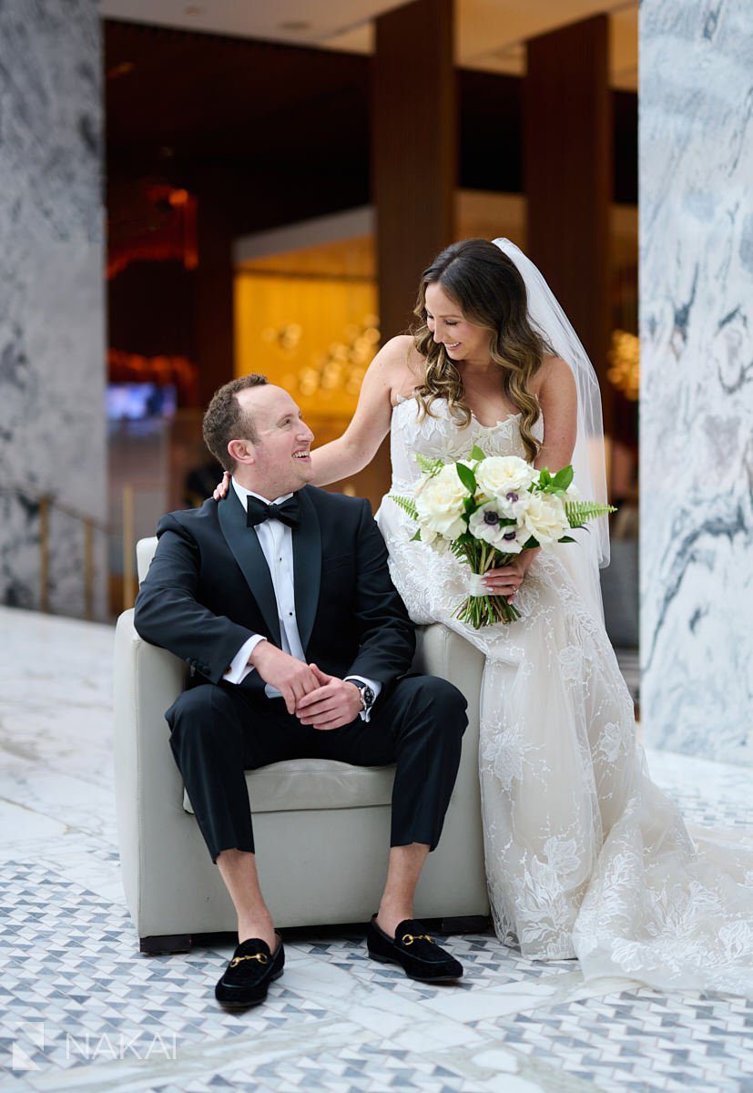 chicago ritz carlton wedding photos indoor lobby bride groom