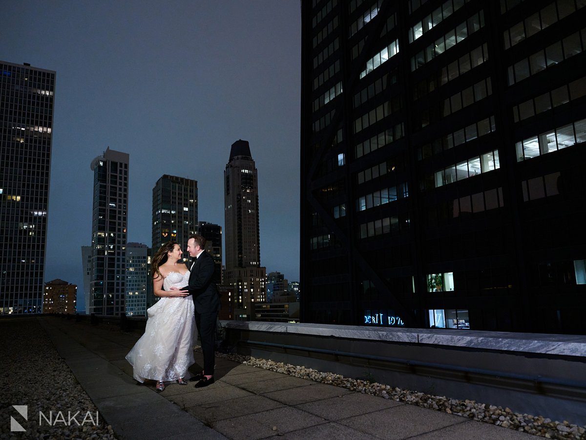 chicago ritz carlton wedding photos rooftop at night bride groom