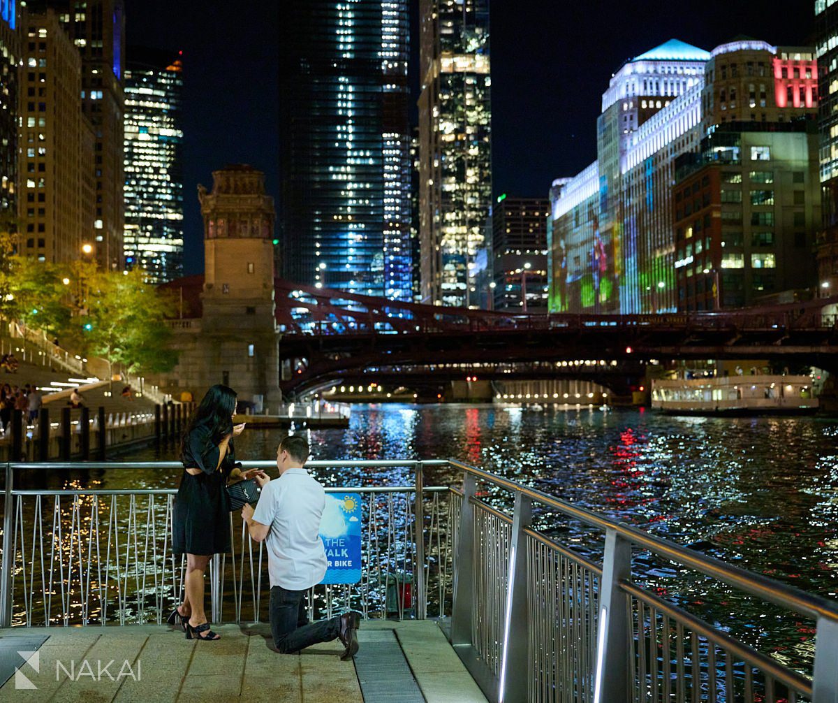 chicago riverwalk proposal photos at night romantic photography