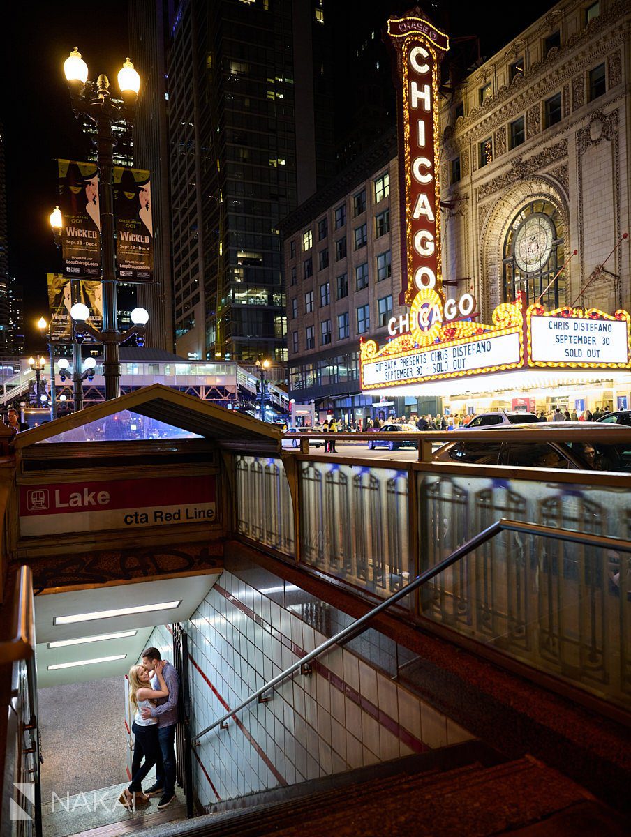 night time chicago engagement photos theatre