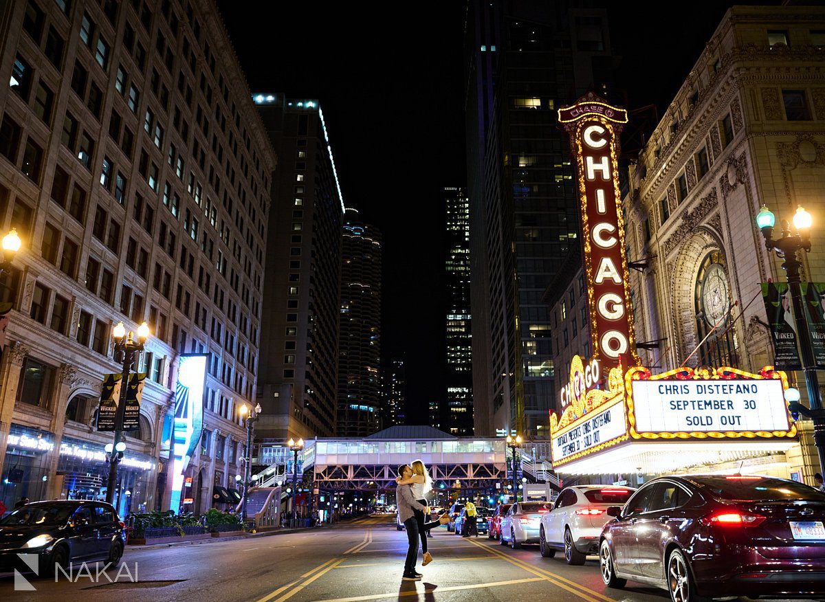 night time chicago engagement photos theatre