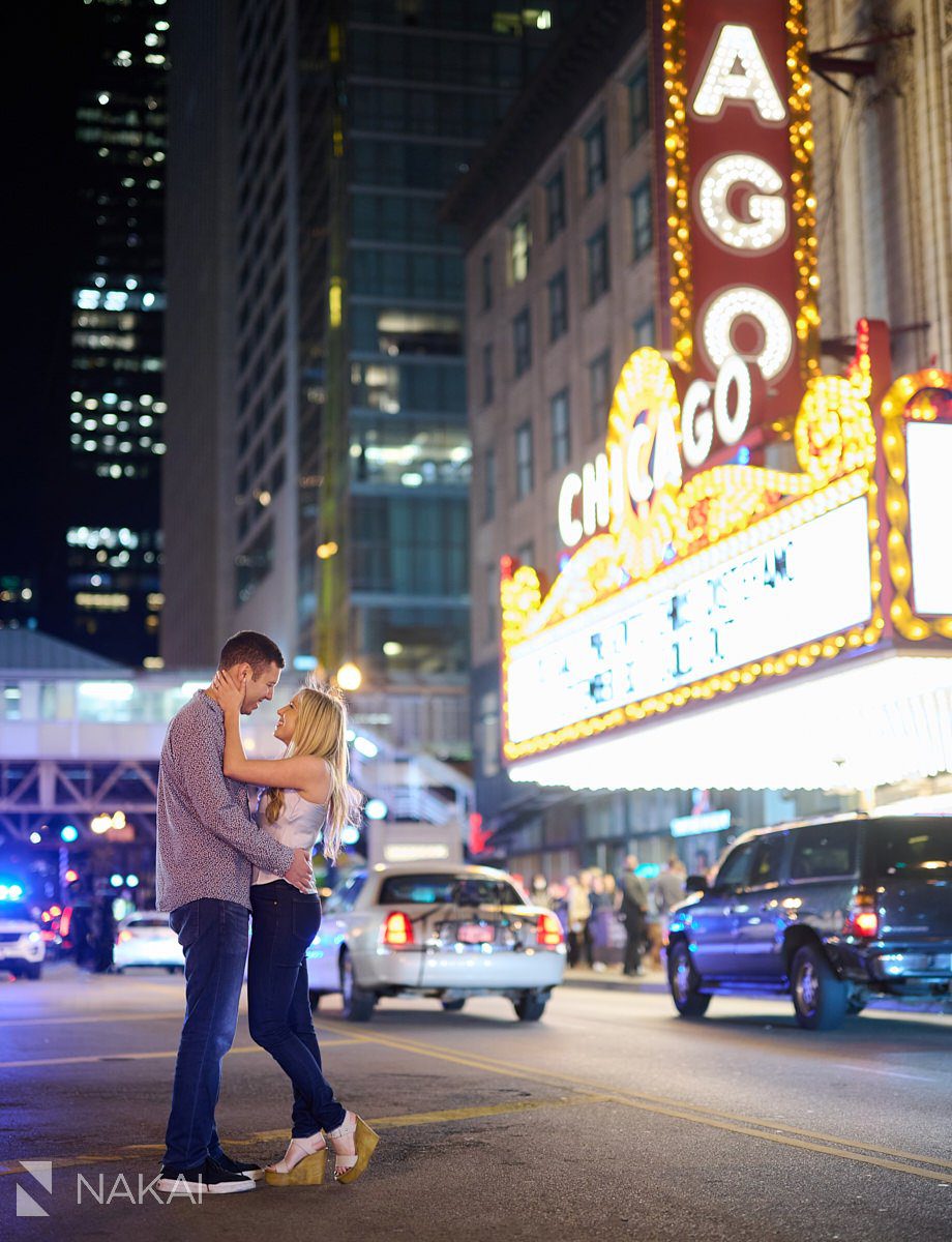 night time chicago engagement photos theatre