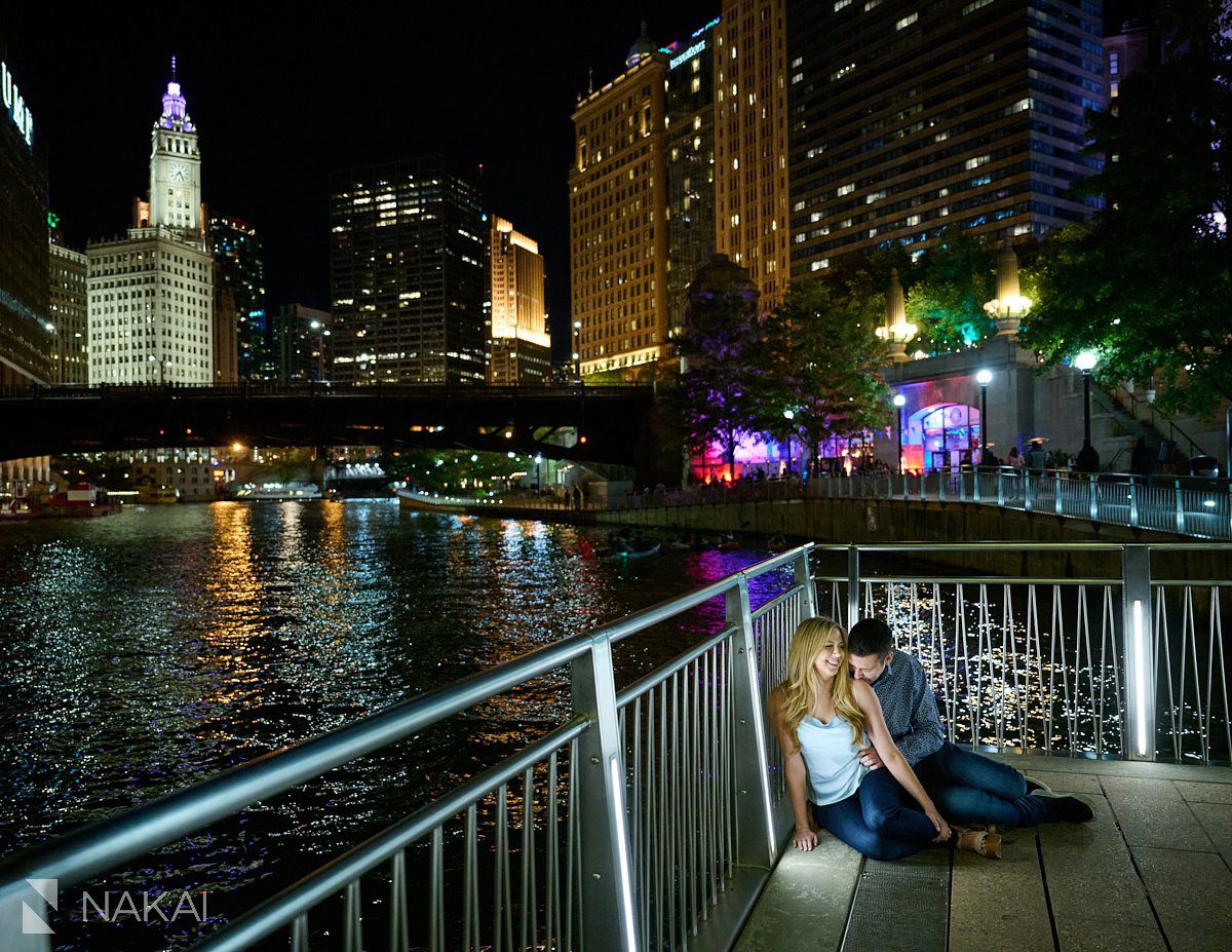 romantic night time chicago engagement photos riverwalk