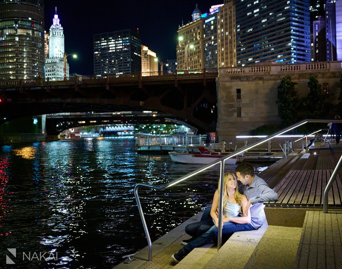 romantic night time chicago engagement photos riverwalk