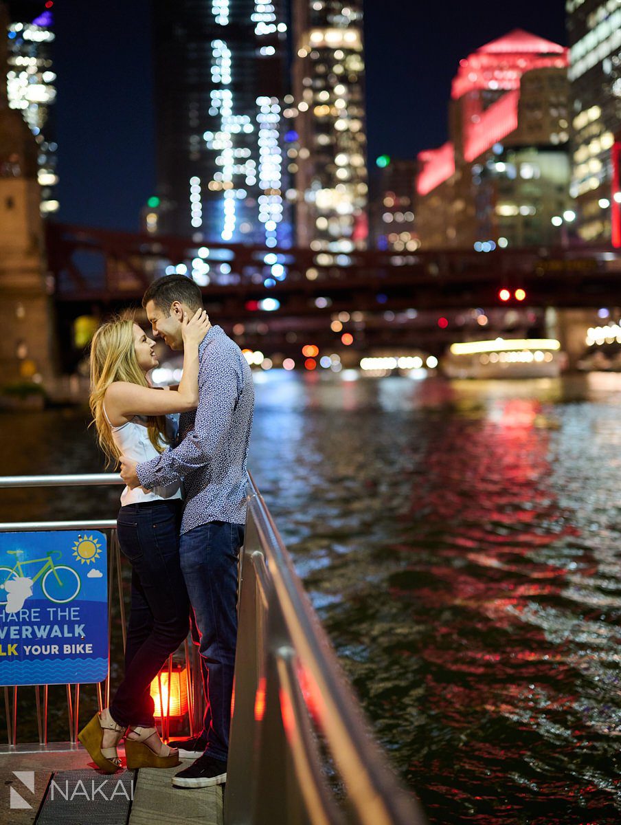 romantic night time chicago engagement photos riverwalk