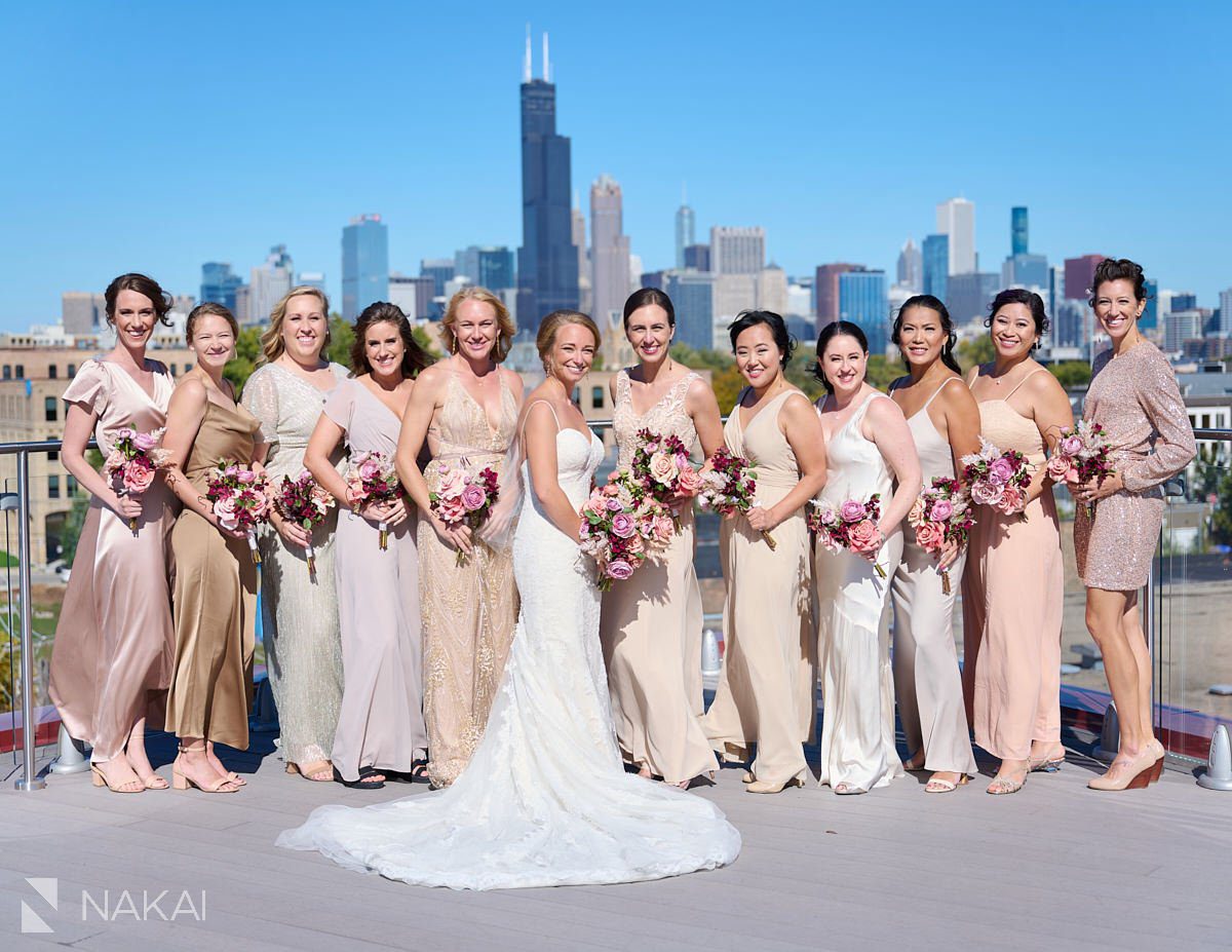 lacuna lofts wedding photos rooftop chicago skyline bridesmaids