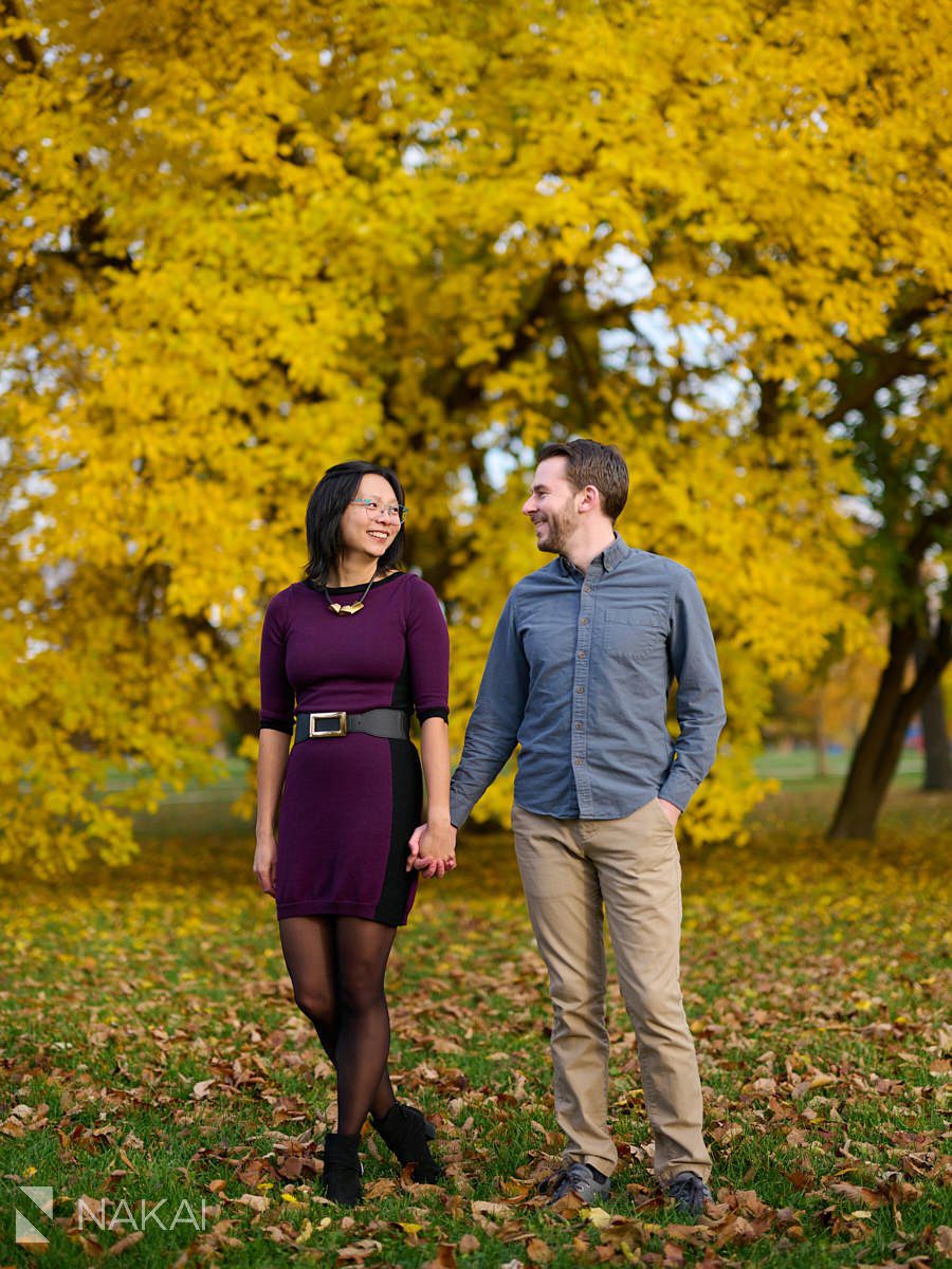 Chicago Humboldt park engagement photos fall colors yellow red orange
