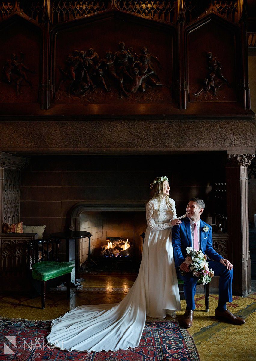 Chicago athletic association hotel wedding photos fireplace bride groom